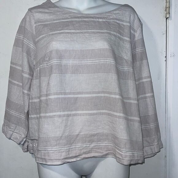 SIGRID OLSEN Balloon Sleeve Boxy Linen Blend Taupe and White Striped Top-L - Picture 1 of 8